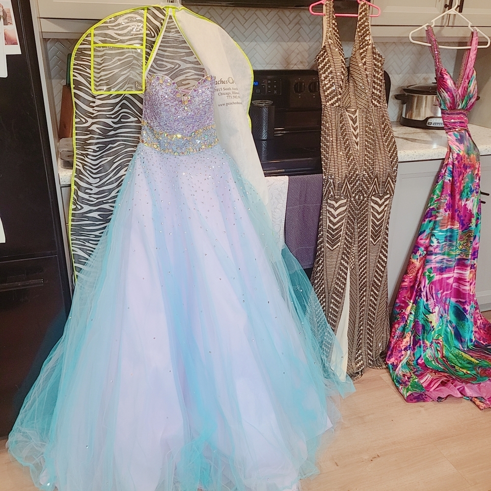 Mori Lee Lavender and Aqua Beaded Ball Gown Prom Dress